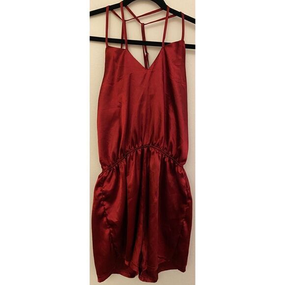 Burgundy Satin Adjustable Cross Straps Cinched Romper Women's Sz Medium - Picture 1 of 14